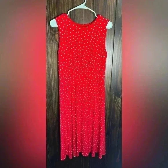 LONDON TIMES Sleeveless Flare Midi Dress Red with White Polkadots-Size: US 8 - Picture 2 of 10